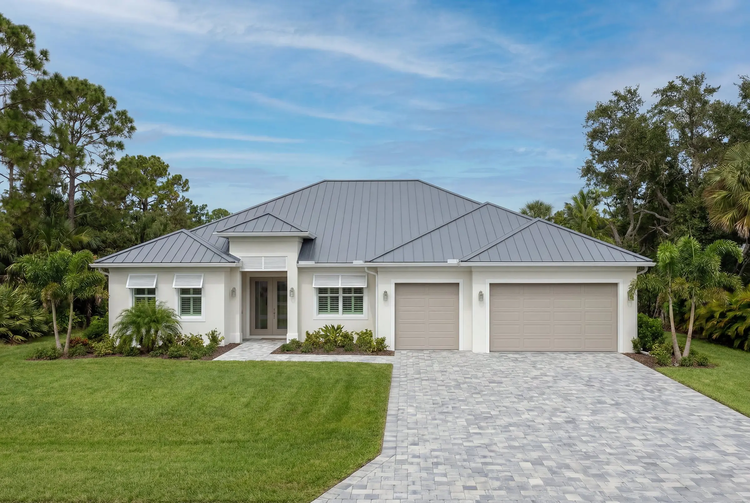 AI exterior rendering — Coastal White Midday — Bluestream Design Studio