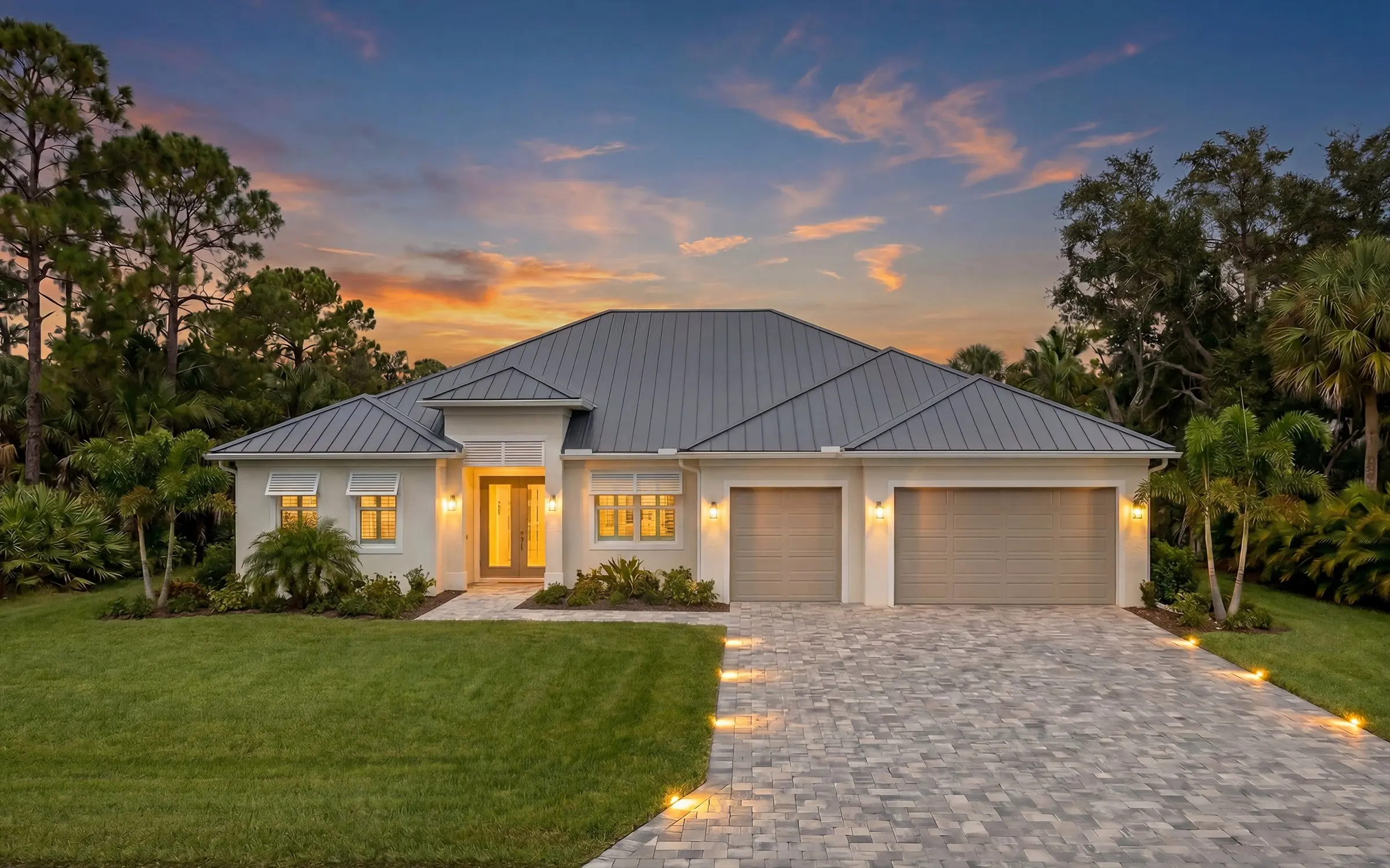 AI exterior rendering — Coastal White Sunset — Bluestream Design Studio