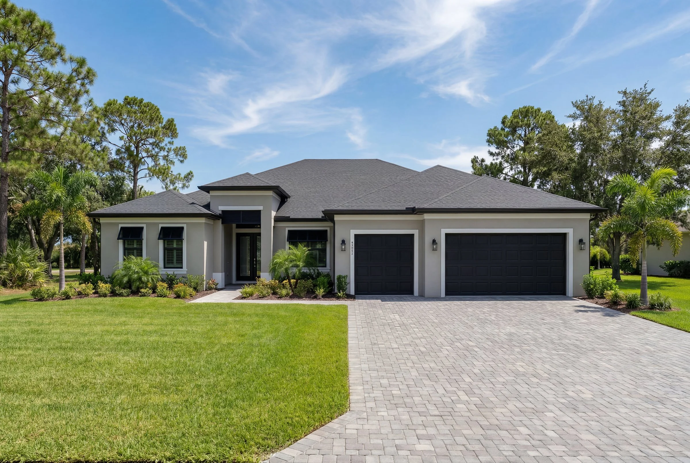 AI exterior rendering — Executive Grey Midday — Bluestream Design Studio