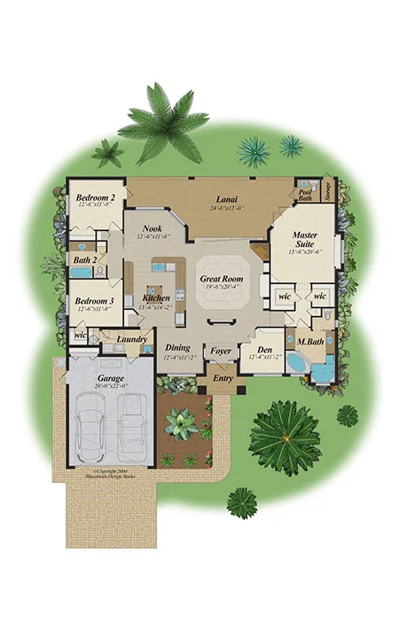 Landscape-style color floor plan without furniture or pool — residential site plan visualization