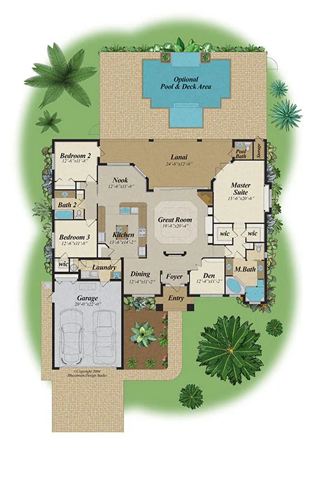 Landscape-style color floor plan with pool — residential floor plan and site visualization