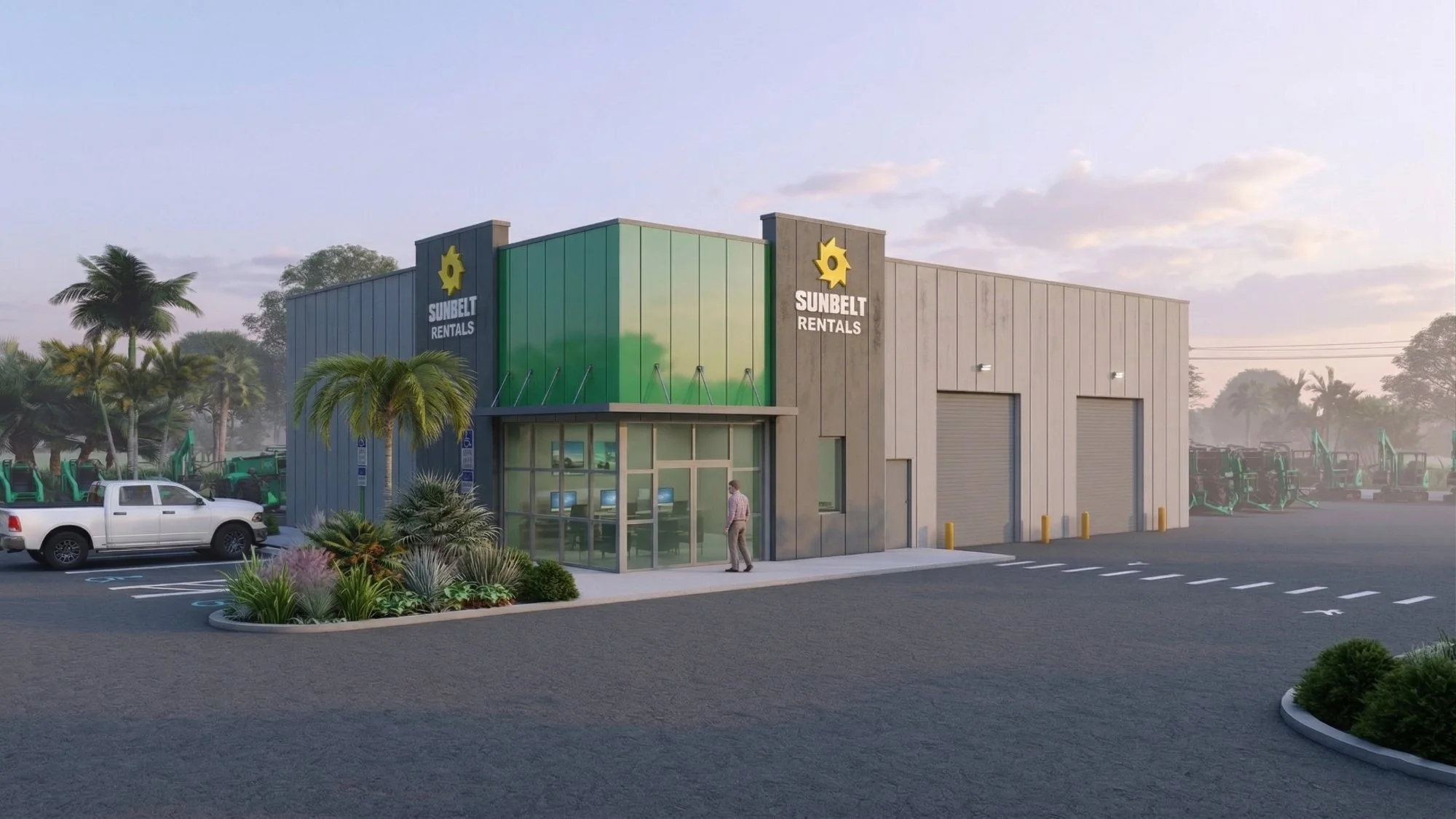 Photorealistic 3D commercial rendering of an industrial building in morning light