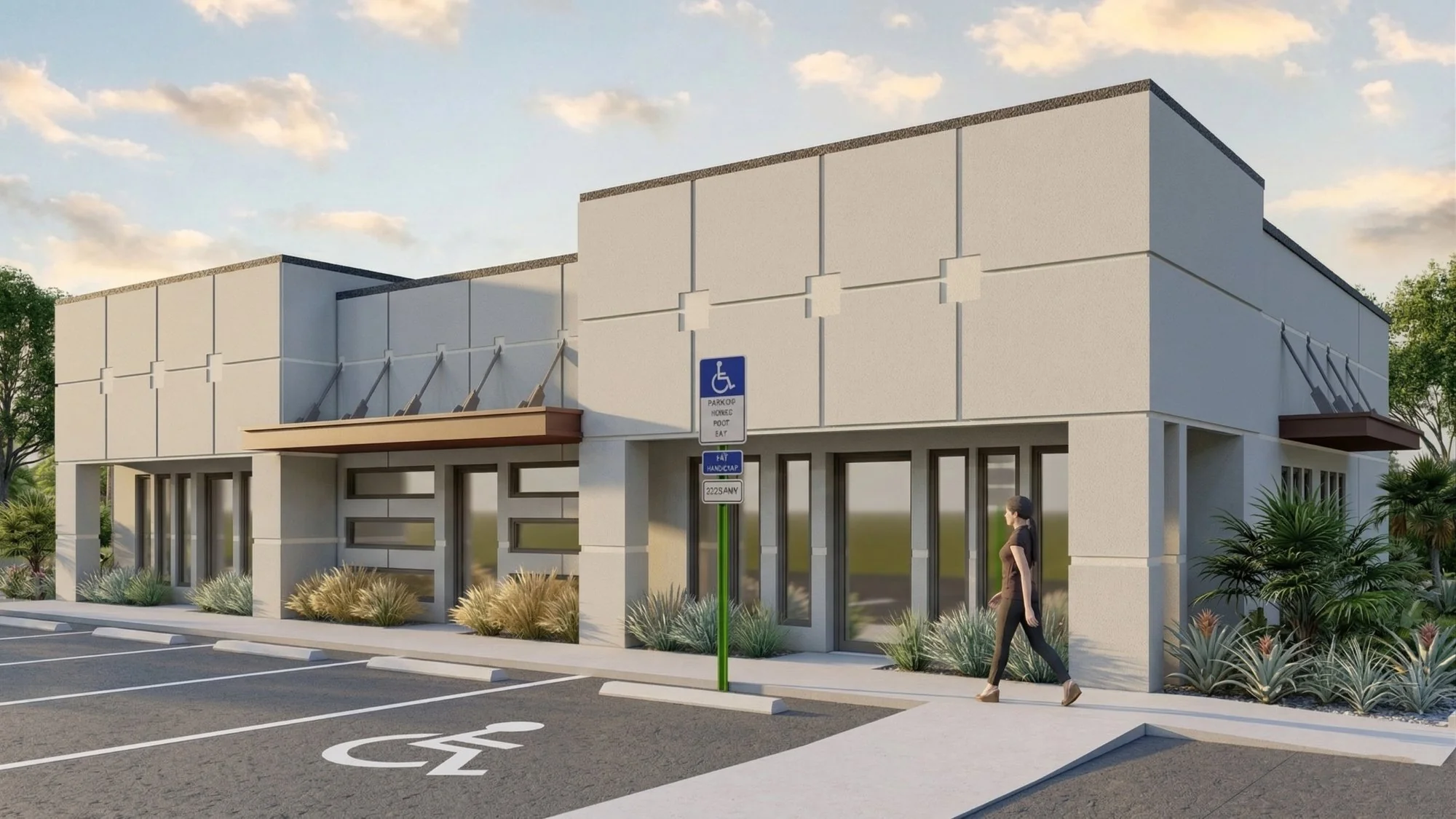 Photorealistic 3D commercial rendering of an office building daytime exterior