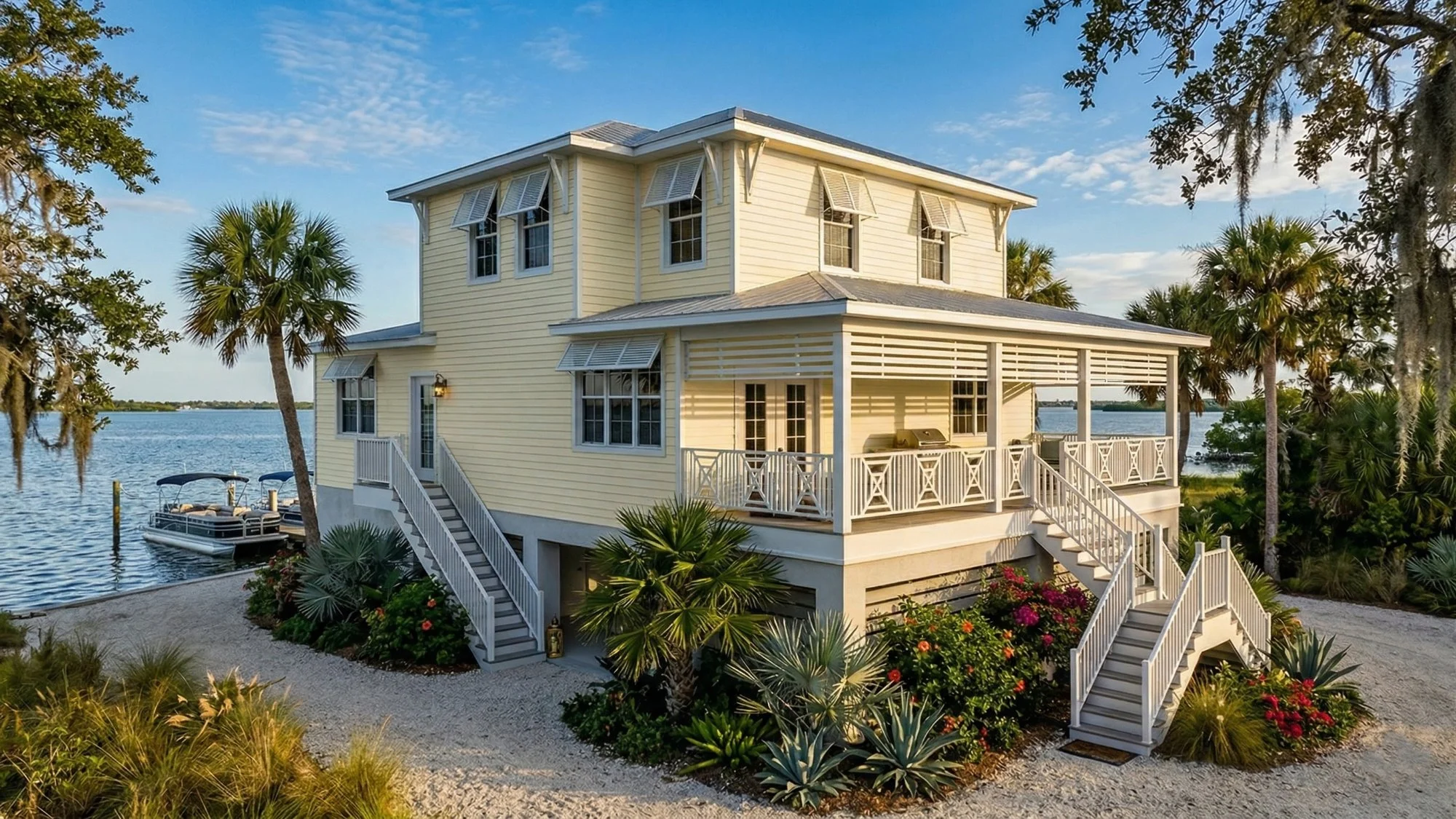 Photorealistic 3D exterior rendering of a bayfront home with dock