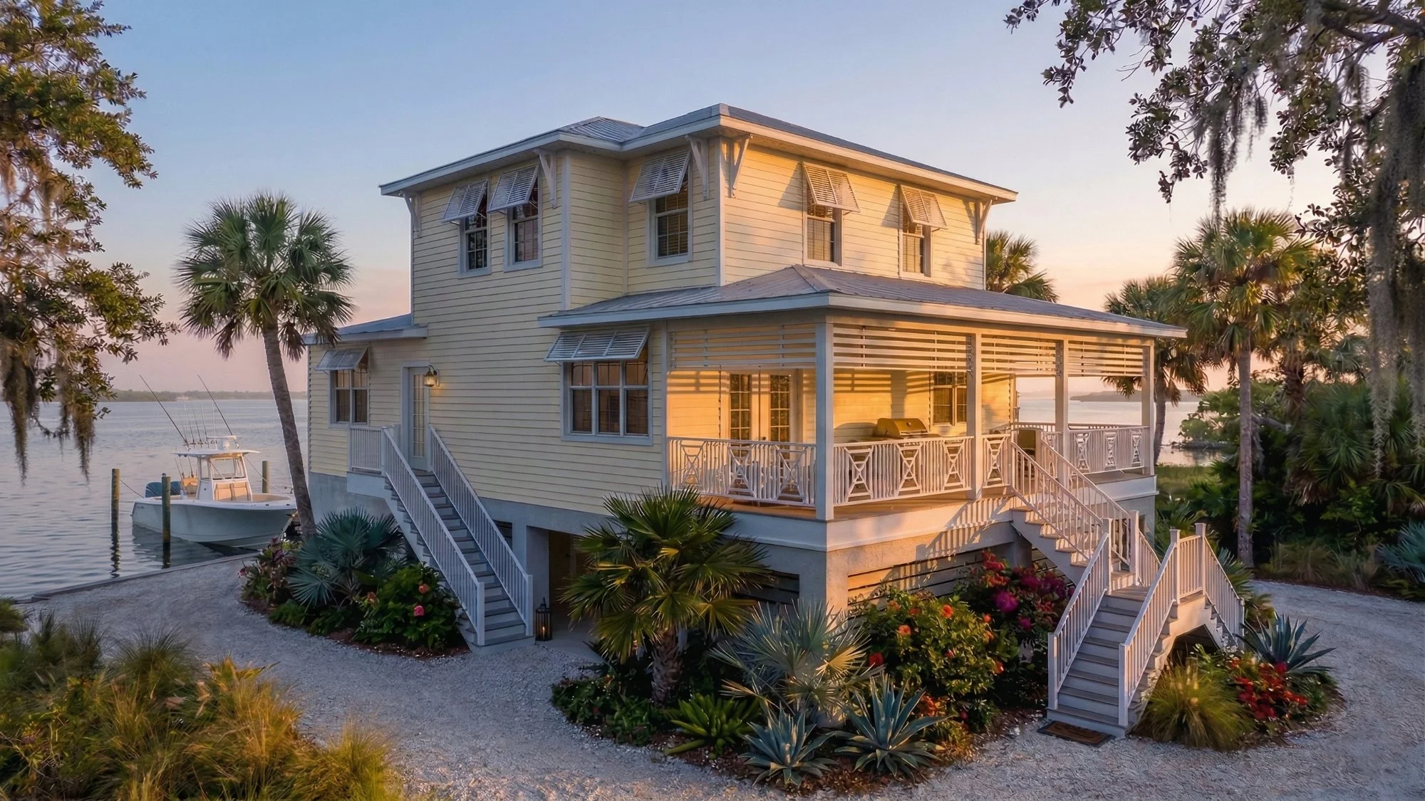 Photorealistic 3D exterior rendering of a bayfront dock home in the afternoon