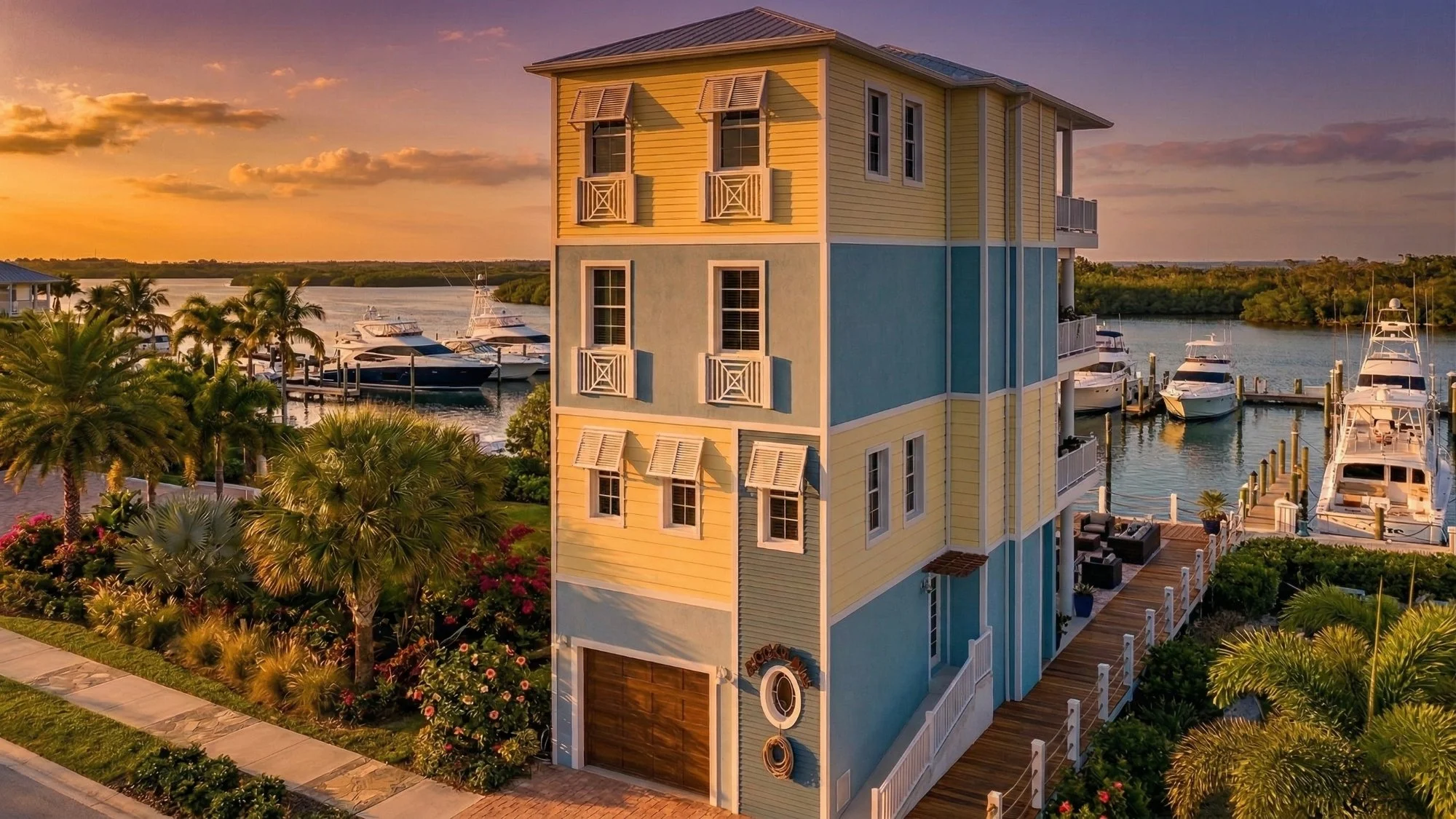 Photorealistic 3D exterior rendering of a bayfront marina tower home view 3