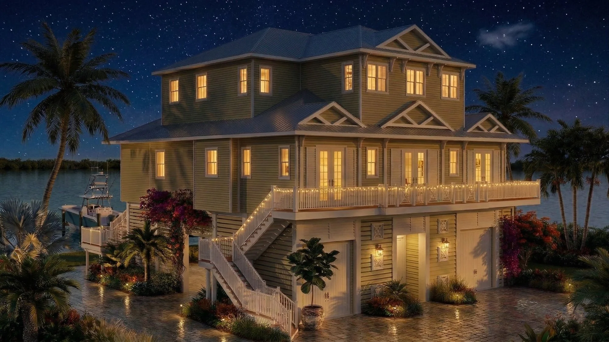 Waterfront two story home 3D rendering