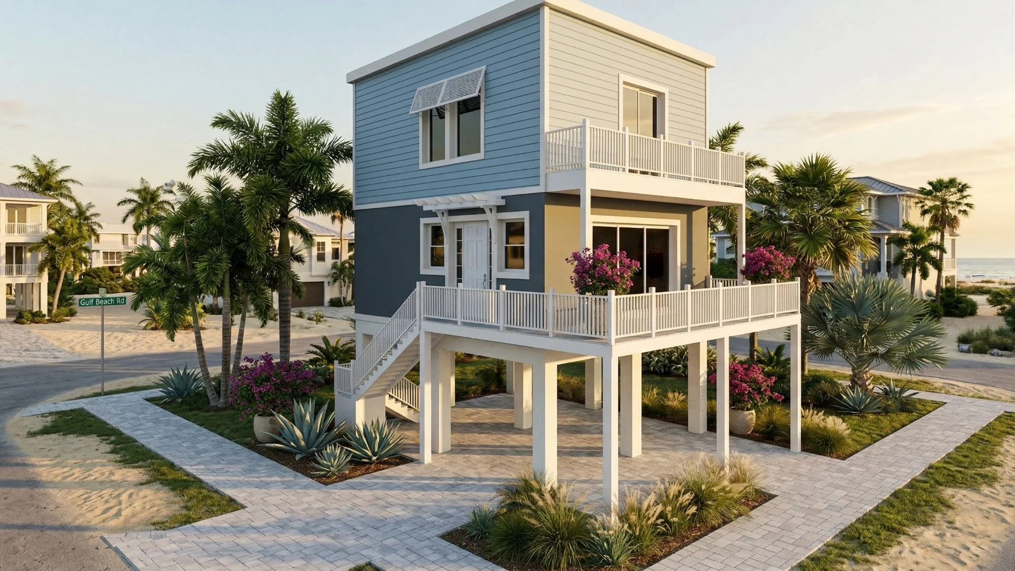 Photorealistic 3D exterior rendering of an elevated Gulf beach cottage view 2