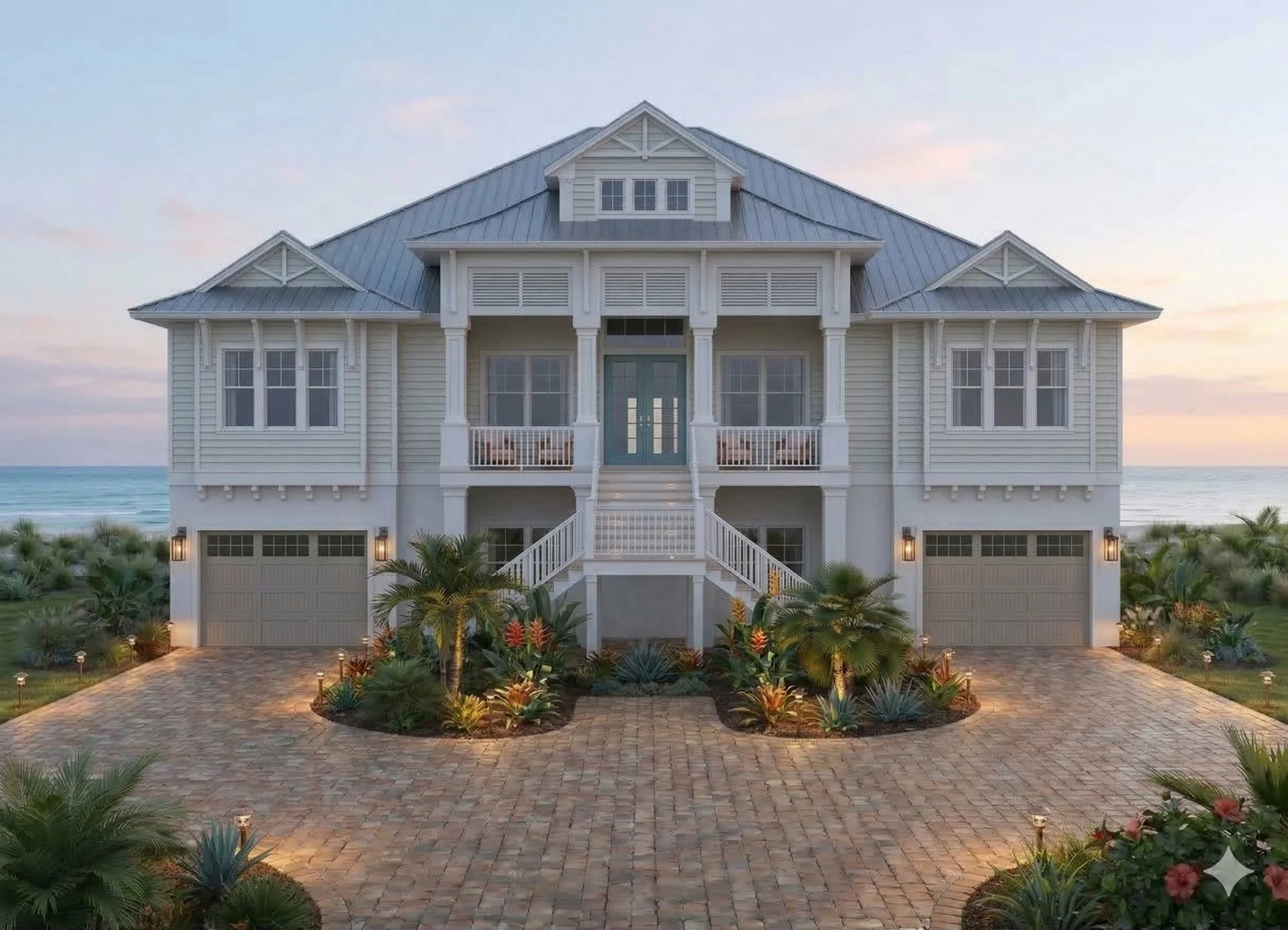 Photorealistic 3D exterior rendering of a beach front home with symmetrical triple garage