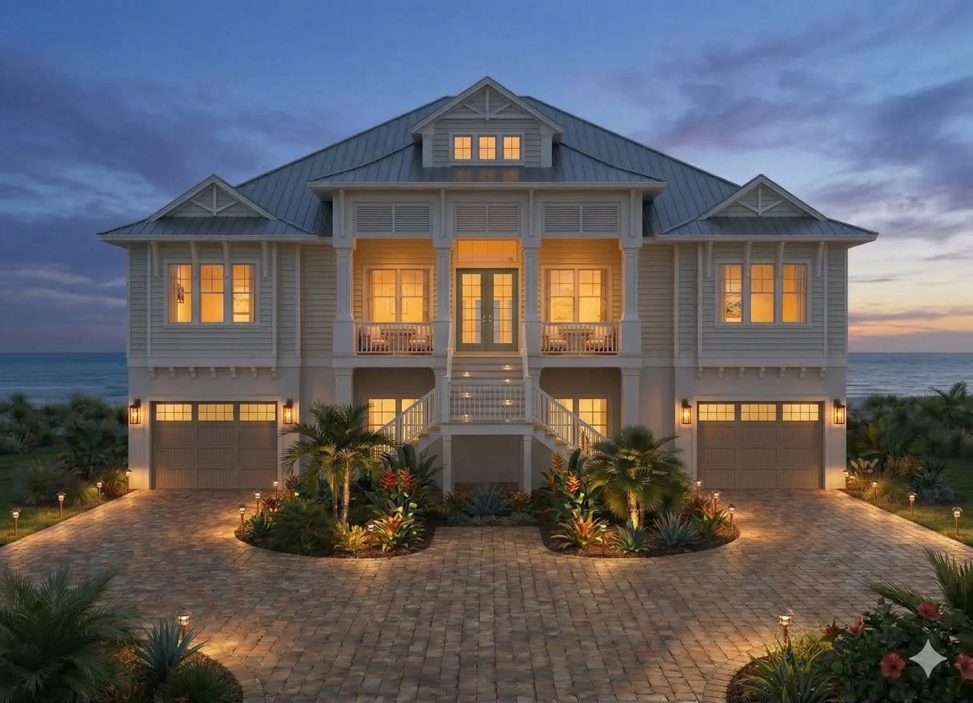 Photorealistic 3D exterior rendering of a beach front triple garage home view 2