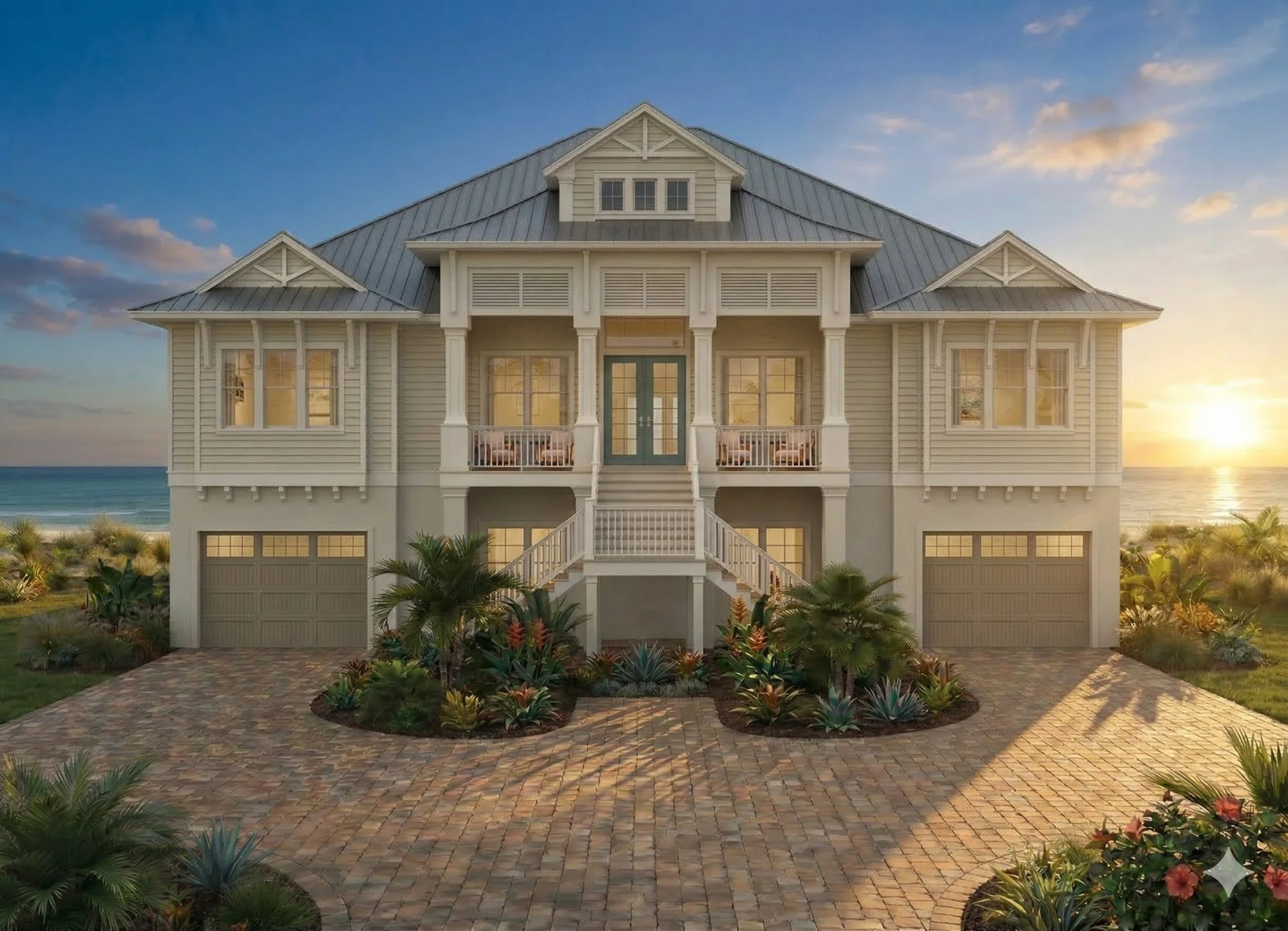 Photorealistic 3D exterior rendering of a beach front triple garage home view 3