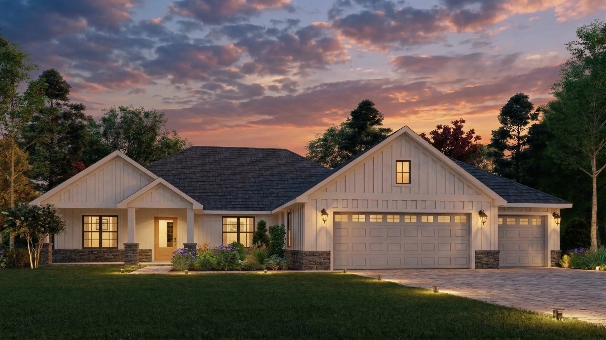 Photorealistic 3D exterior rendering of a coastal country ranch home with stone base