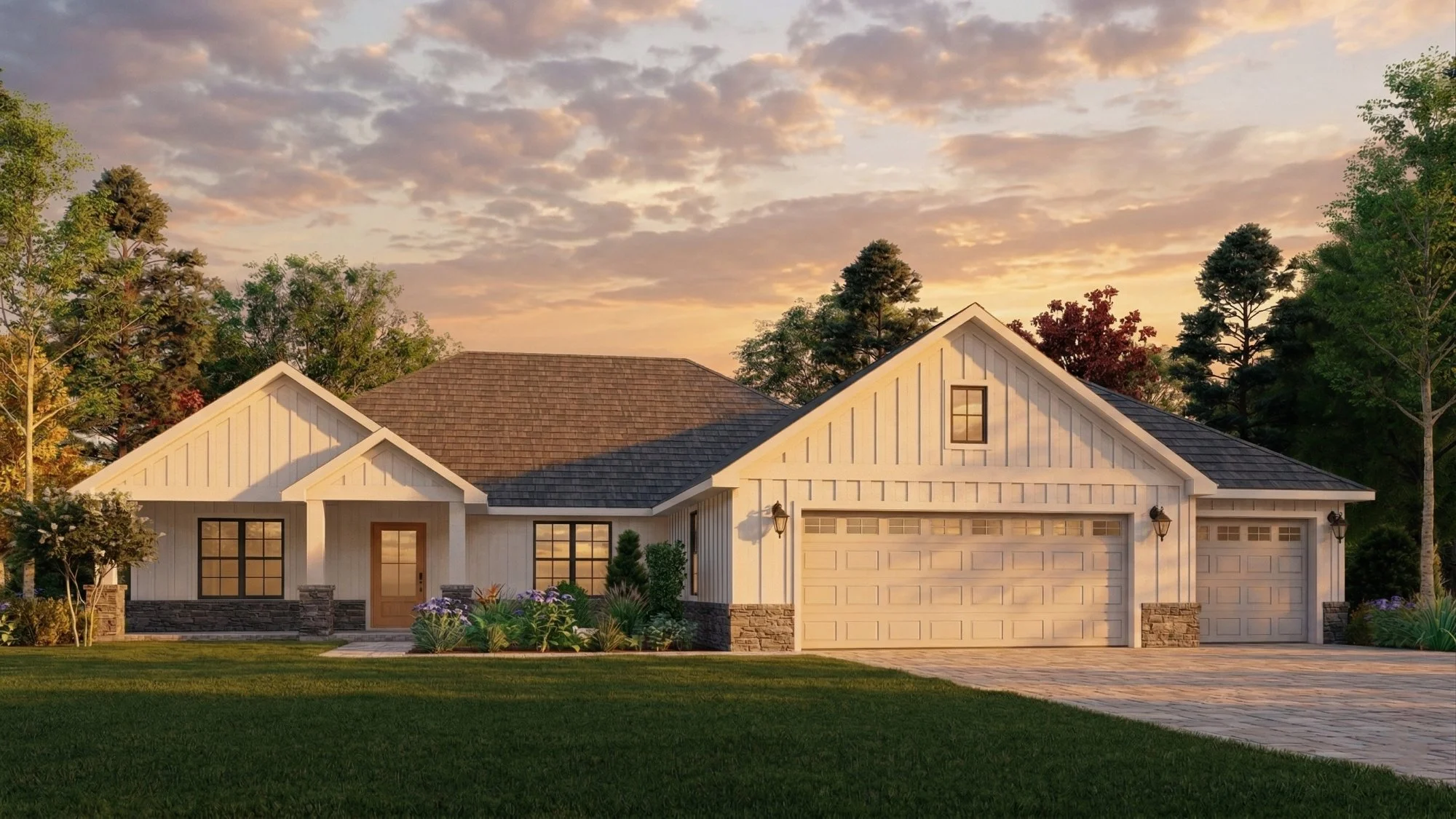 Photorealistic 3D exterior rendering of a coastal country ranch stone base home view 3
