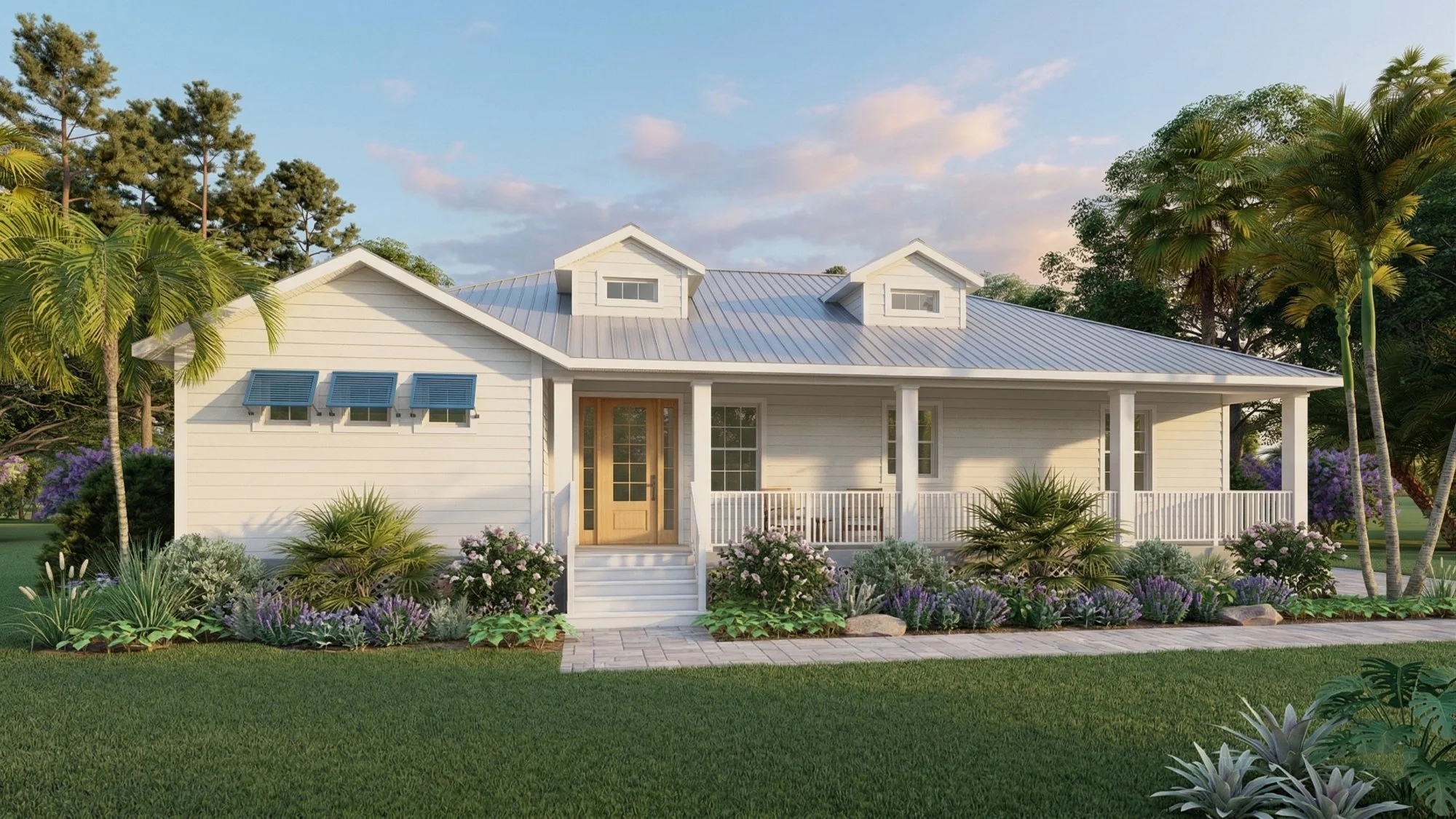 Photorealistic 3D exterior rendering of a coastal Florida cracker style home with front porch