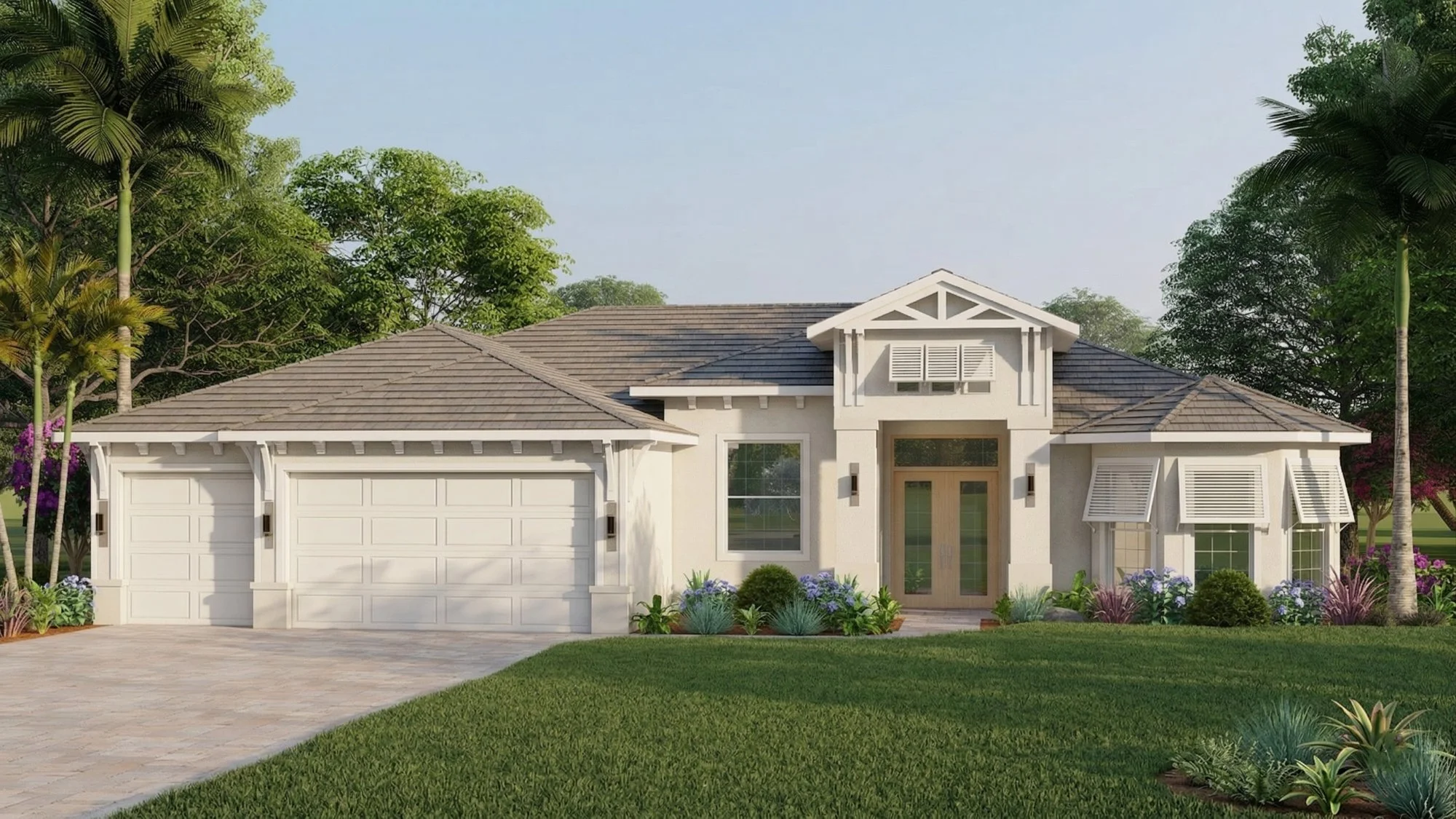 Photorealistic 3D exterior rendering of a coastal craftsman home — sample work by Bluestream Design Studio, Port Charlotte Florida