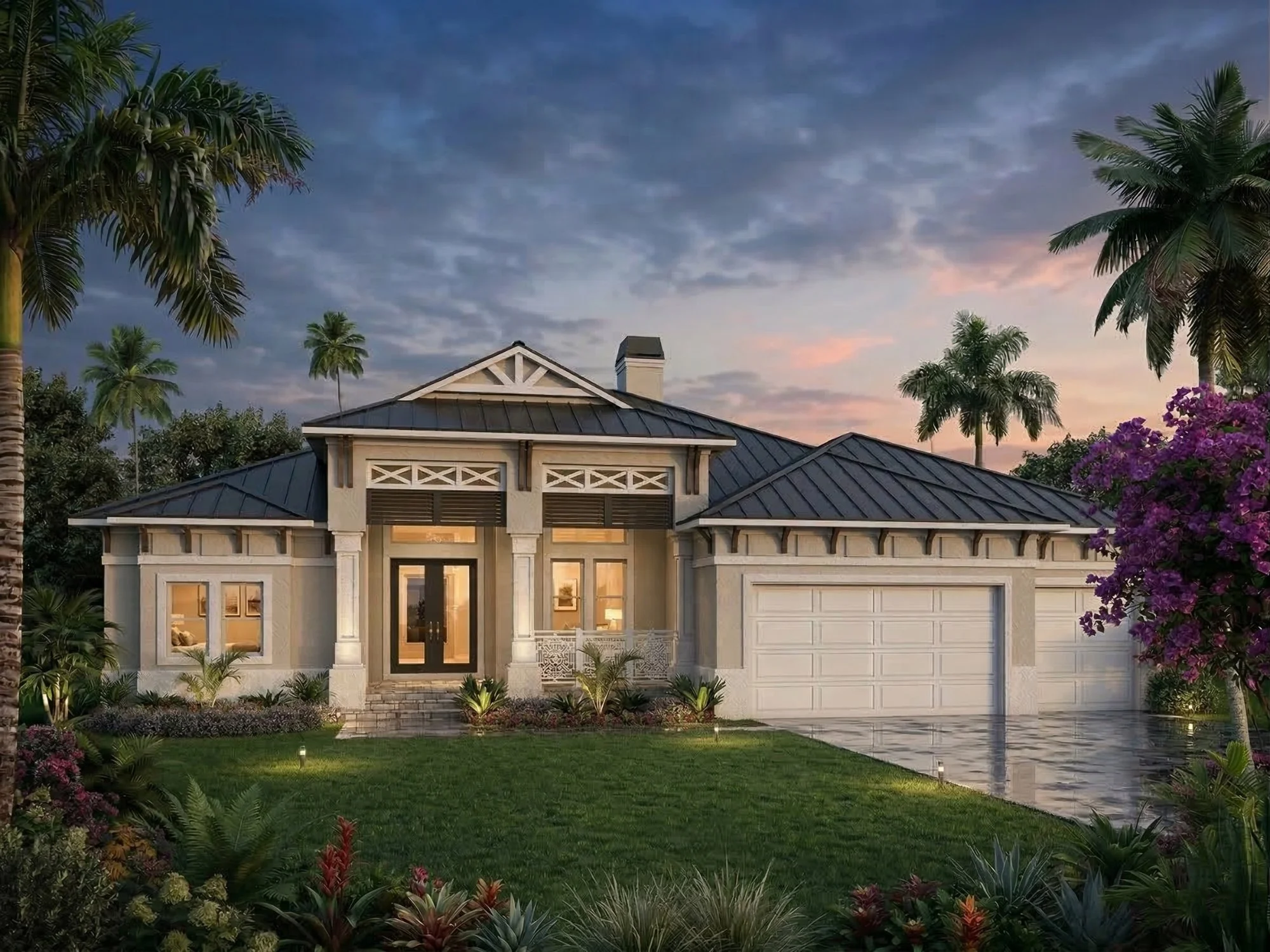 Photorealistic 3D exterior rendering of a coastal home with elegant column entry