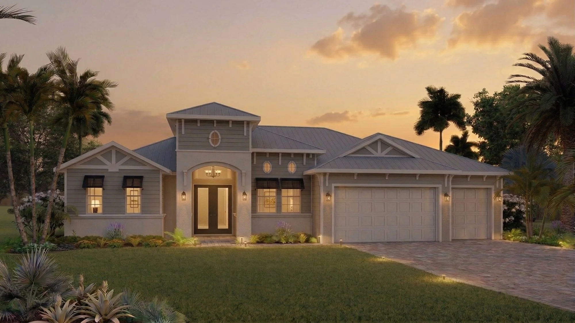 Photorealistic 3D exterior rendering of a coastal golf course craftsman home