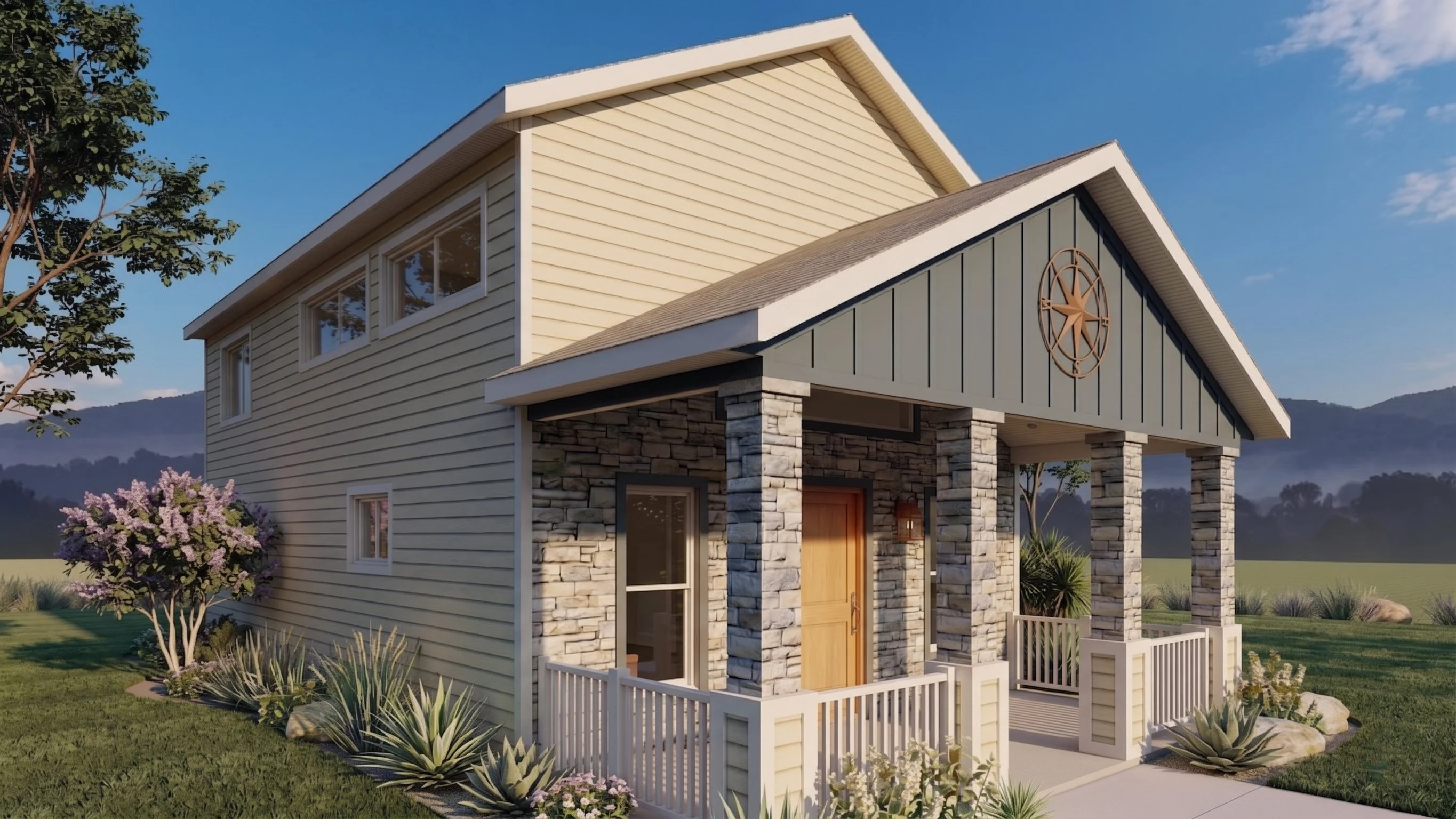 Photorealistic 3D exterior rendering of a cottage tiny home with timber gable
