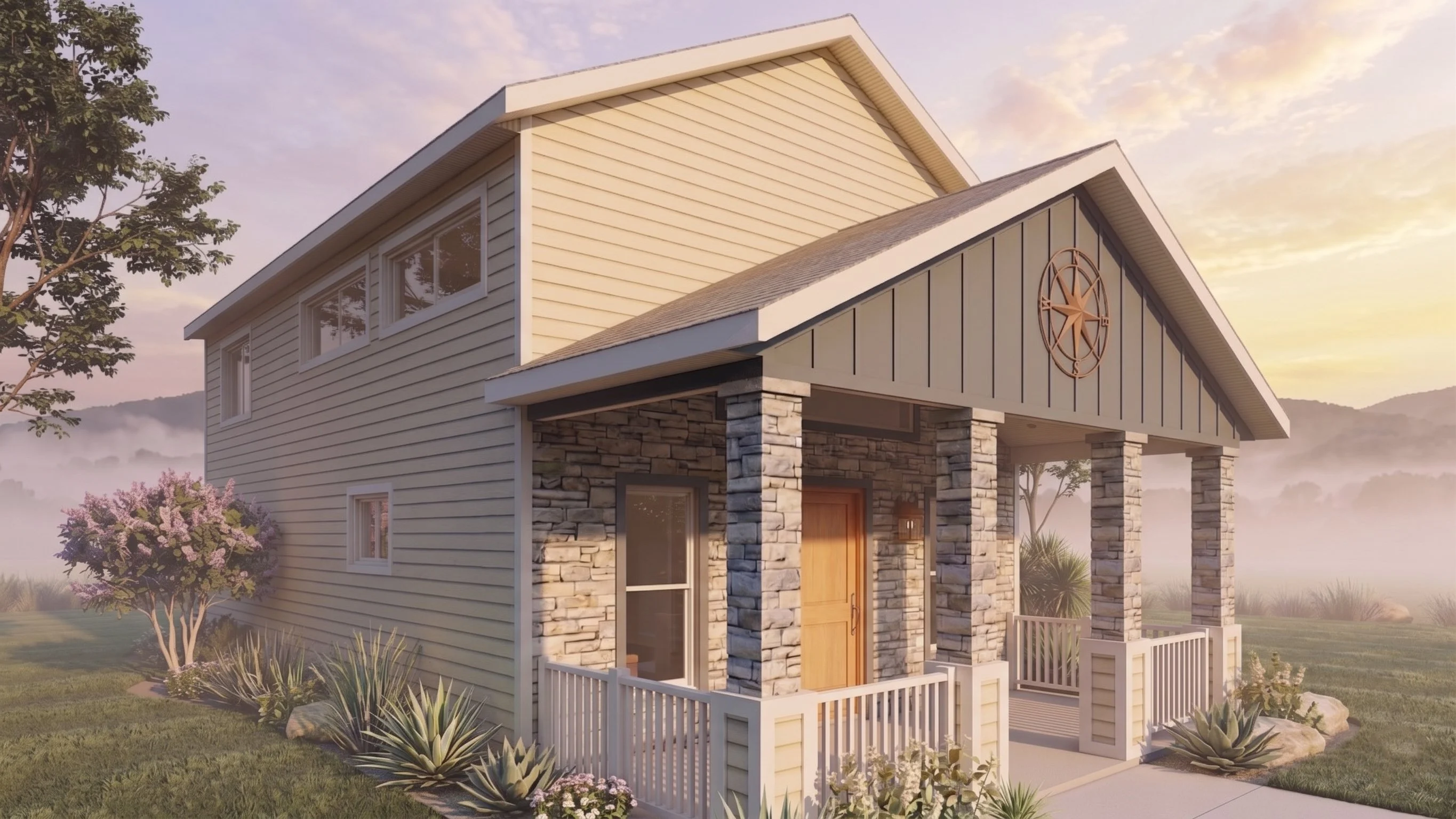 Photorealistic 3D exterior rendering of a cottage tiny home with timber gable view 2