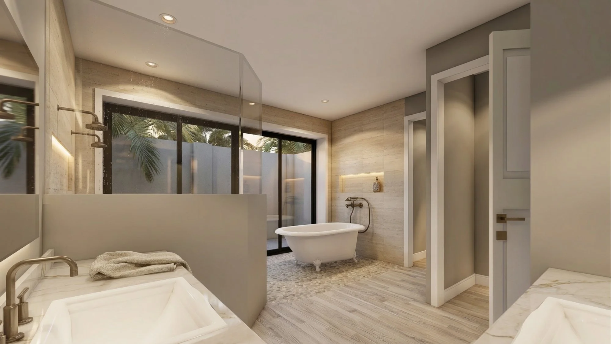 Photorealistic 3D interior rendering of a bathroom with clawfoot tub — residential interior rendering services
