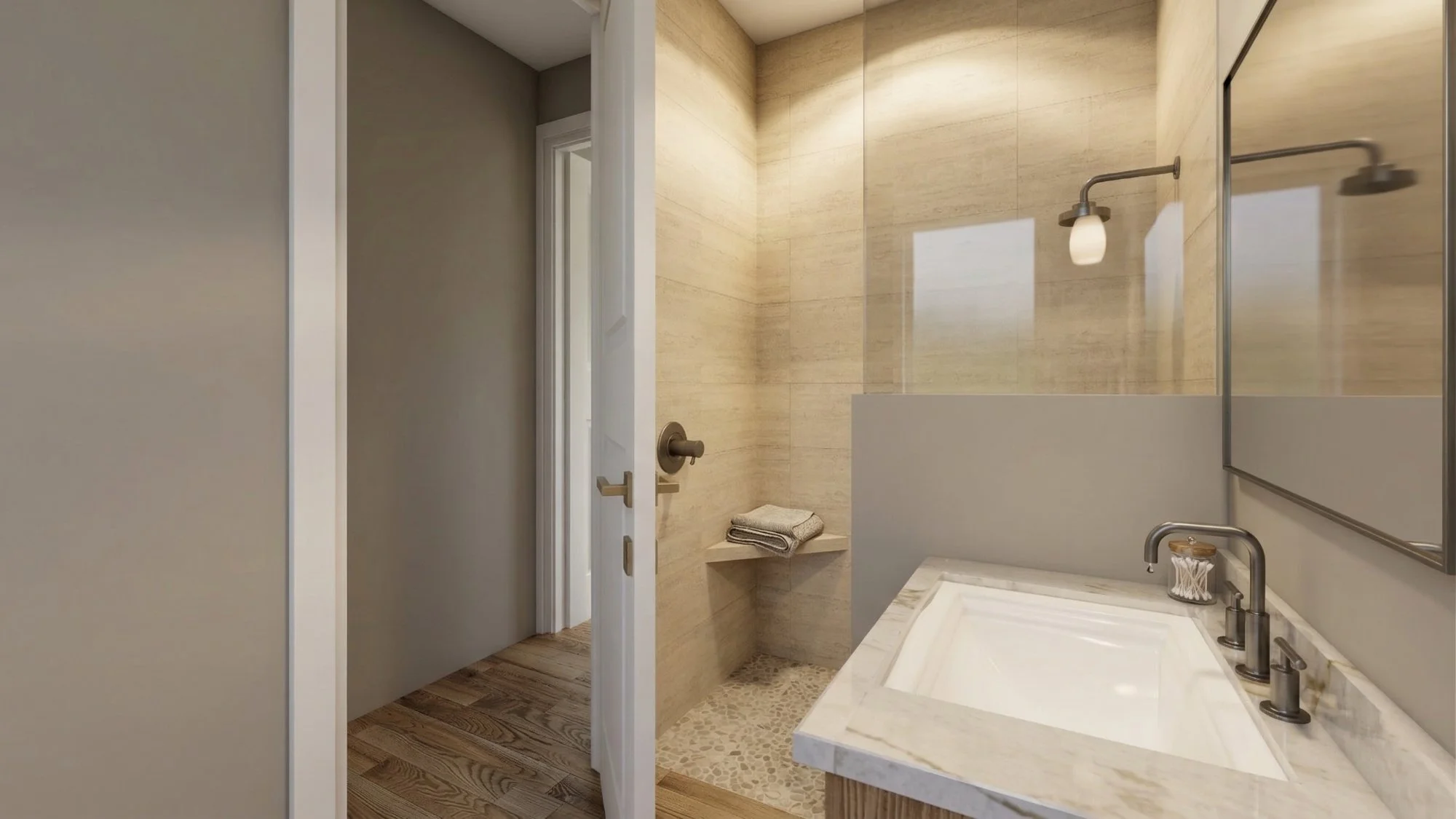 Photorealistic 3D interior rendering of a bathroom with travertine shower
