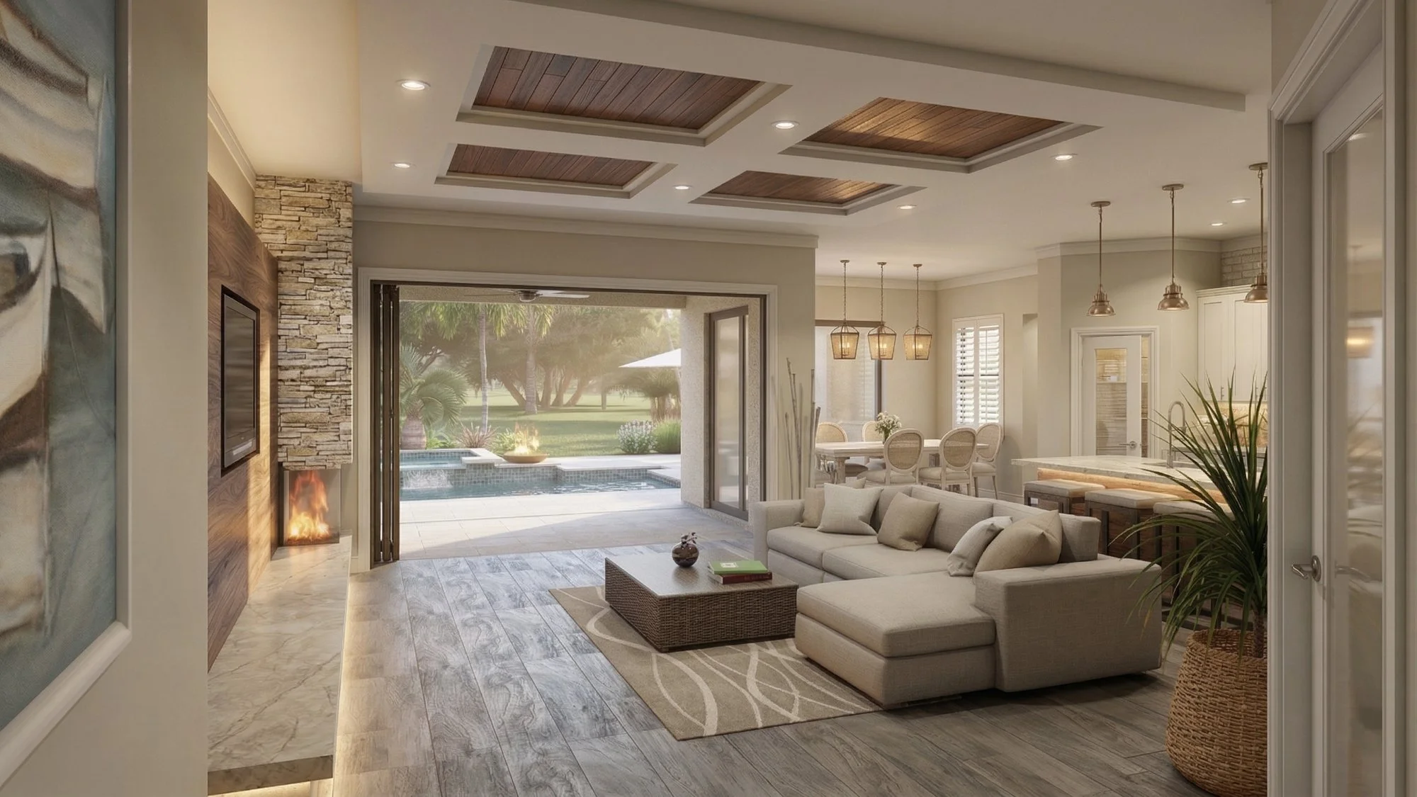 Photorealistic 3D interior rendering of a great room with stone fireplace view 3