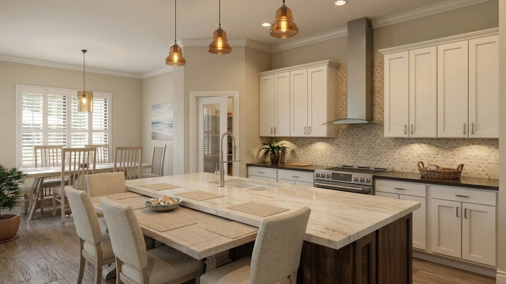 Photorealistic 3D interior rendering of a kitchen with white cabinets — residential interior design visualization
