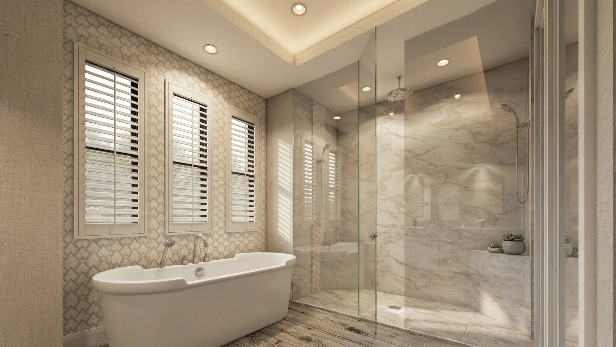 Photorealistic 3D interior rendering of a bathroom with plantation shutters