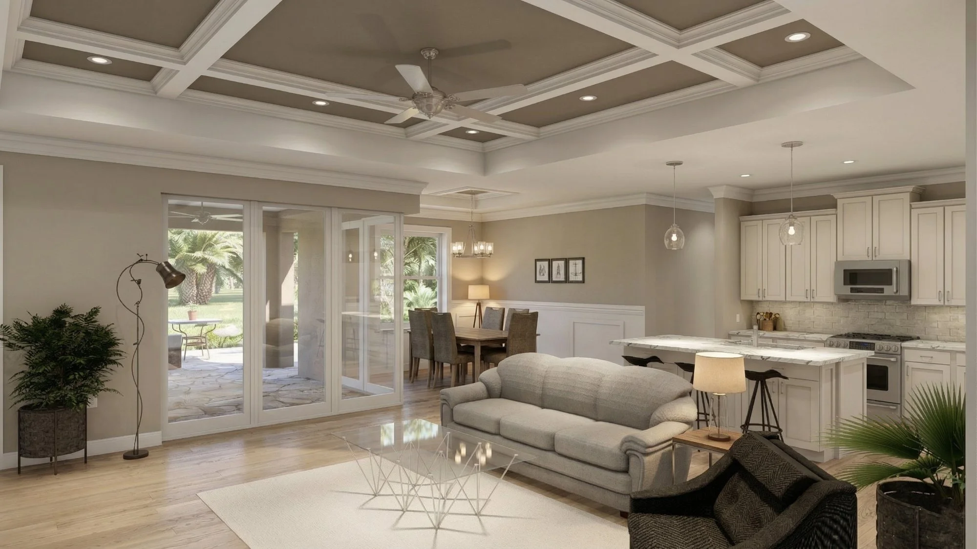 Photorealistic 3D interior rendering of a great room with coffered ceiling