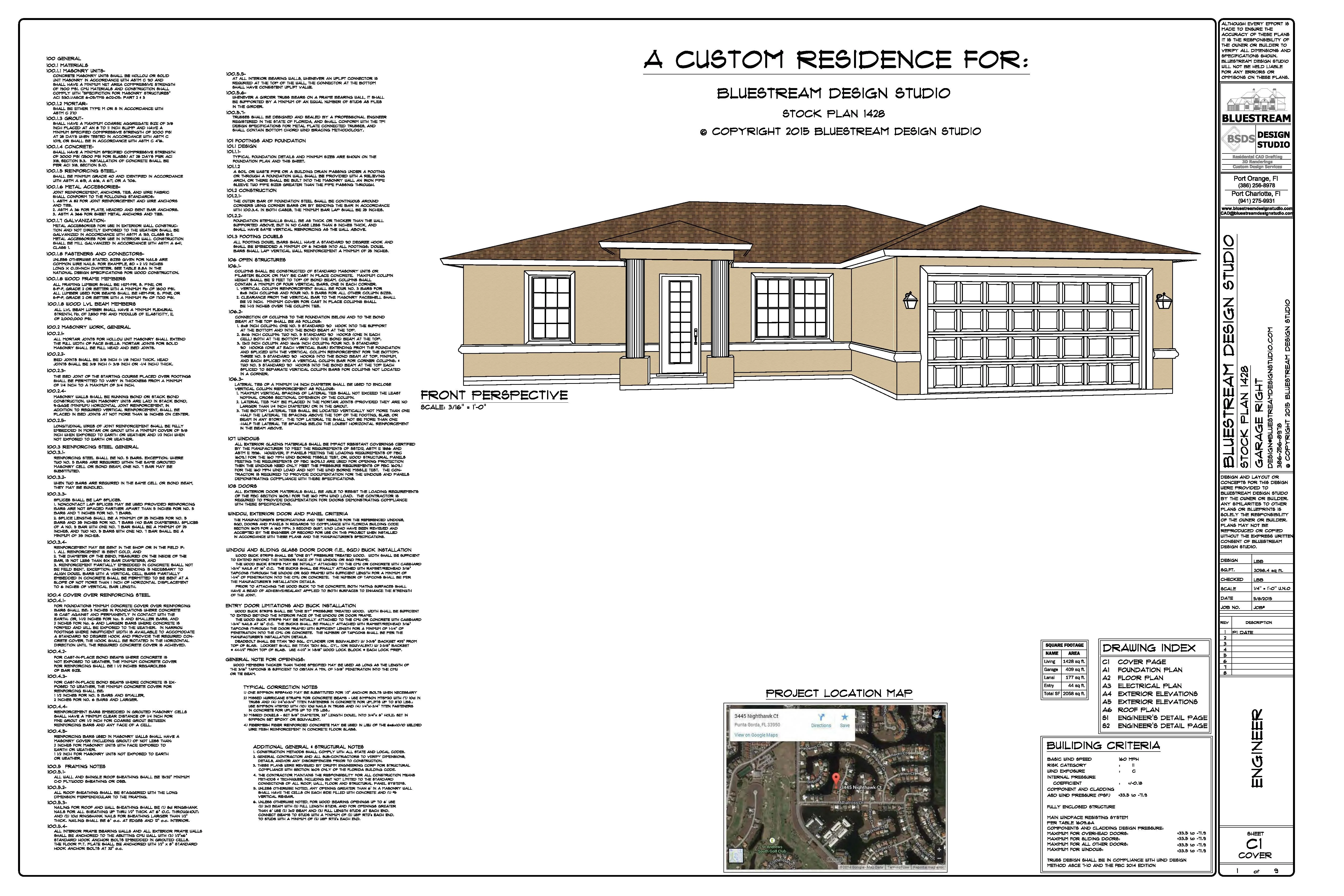 Florida residential stock home plan set cover sheet — professionally drafted by Bluestream Design Studio