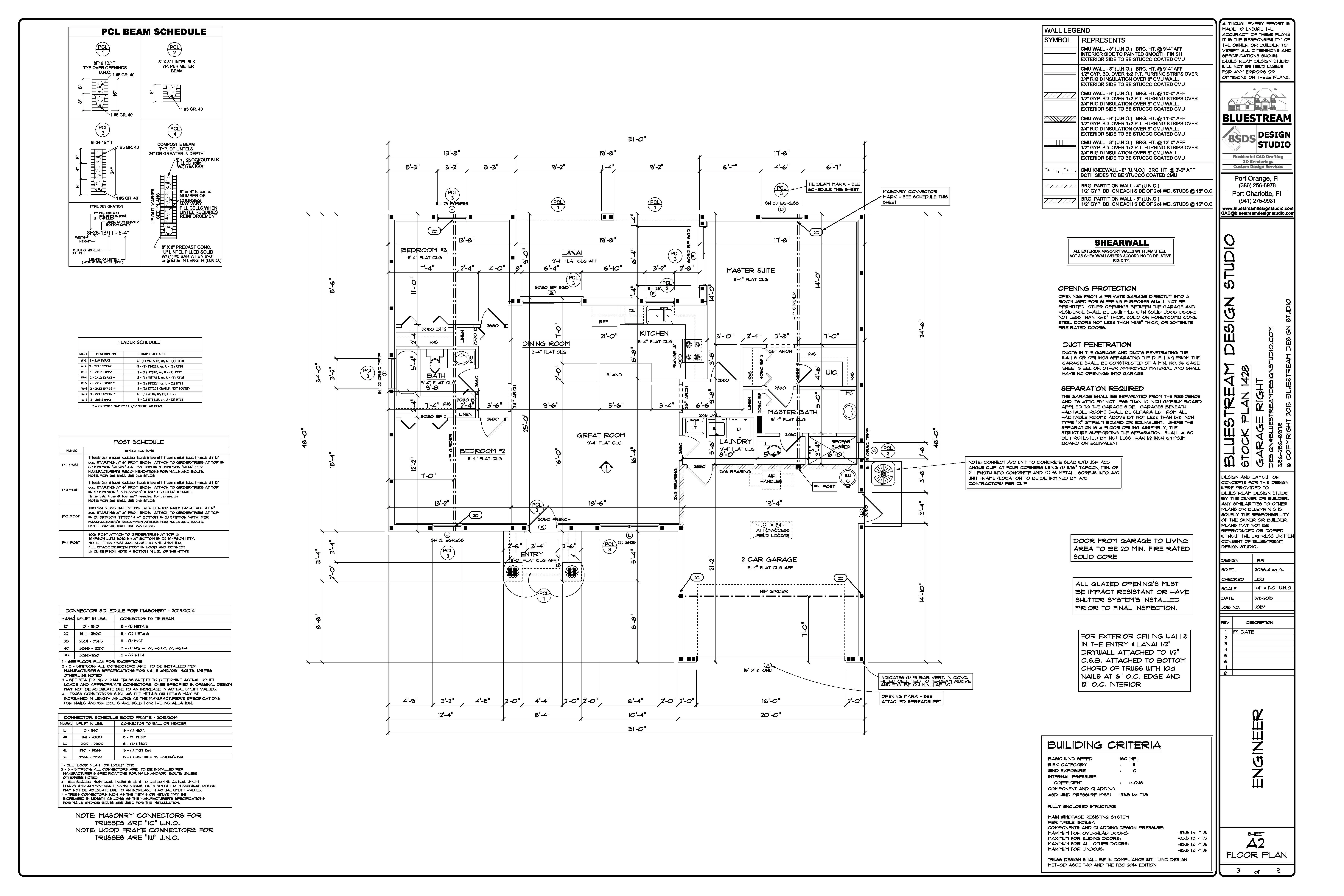 Florida residential stock home plan elevations page — plan set drawn to Florida building standards